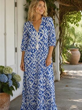Blue and White Printed Maxi Dress with V-Neck Tassel Detail